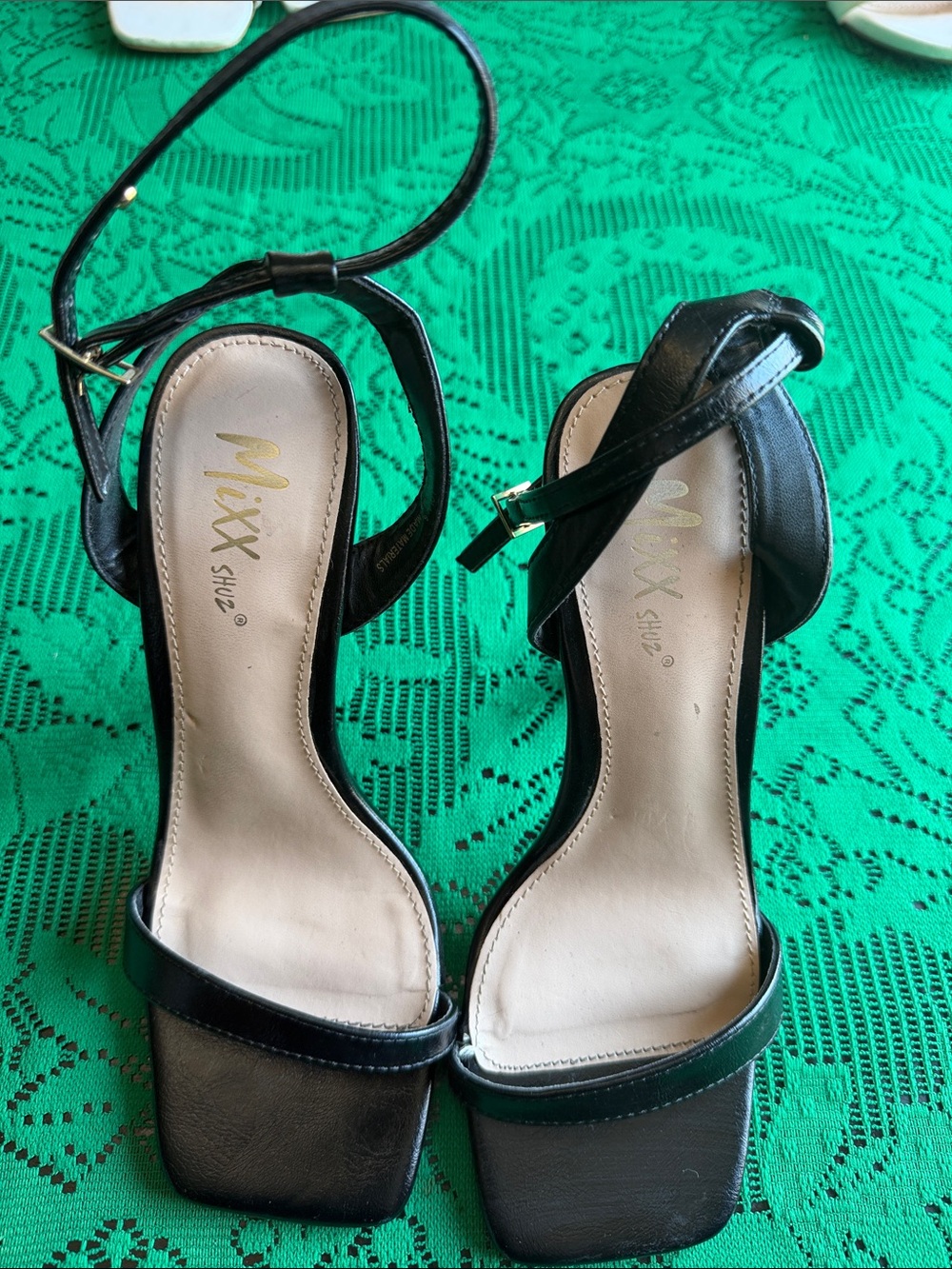 Mixx Shuz Black Ankle-Strap Square-Toe Heels